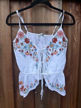 White Embroidered Tie-Front Cami Top - Floral